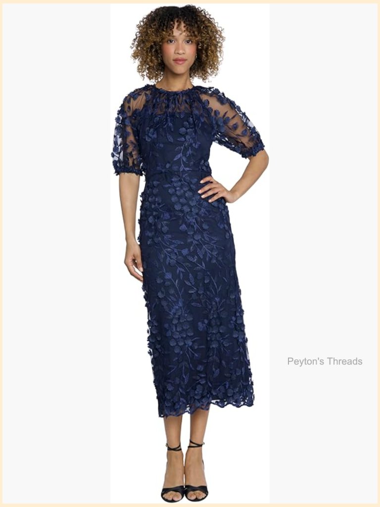 Illusion Neck Elbow Sleeve Midi Cocktail Dress With Scallop Hem